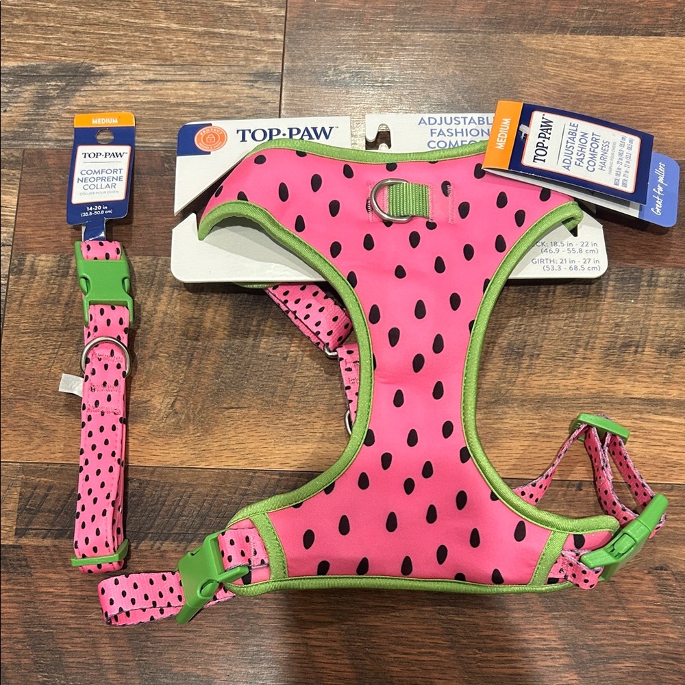 Top Paw Watermelon Dog Harness and Collar Set- Medium